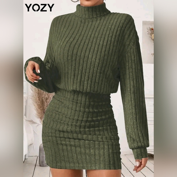 Yozy Dresses & Skirts - Women's Ruched Drop Shoulder Long Sleeve High Neck Dress- NEW!!! Size MEDIUM**